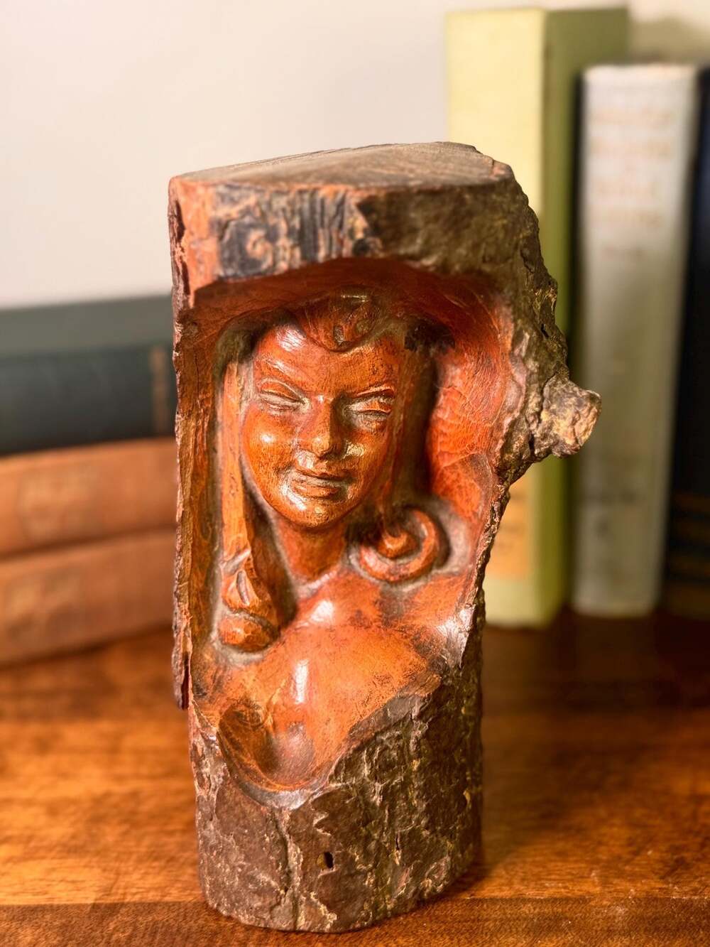 Hand Carved Wood Female Bust Sculpture, Signed Folk Art Brutalist Figure